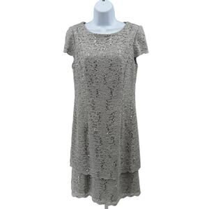 Alex Evenings Dress WMNS 10 Gray Lace Sequin A-Line Tiered Occasionwear Formal